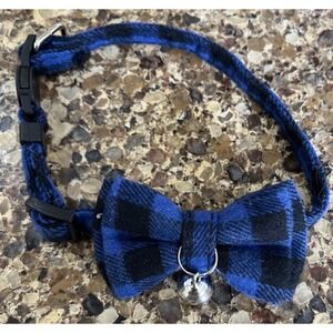 Cat Collar Breakaway with Bell and Bow Tie Blue Plaid Adjustable Kitten Collar
